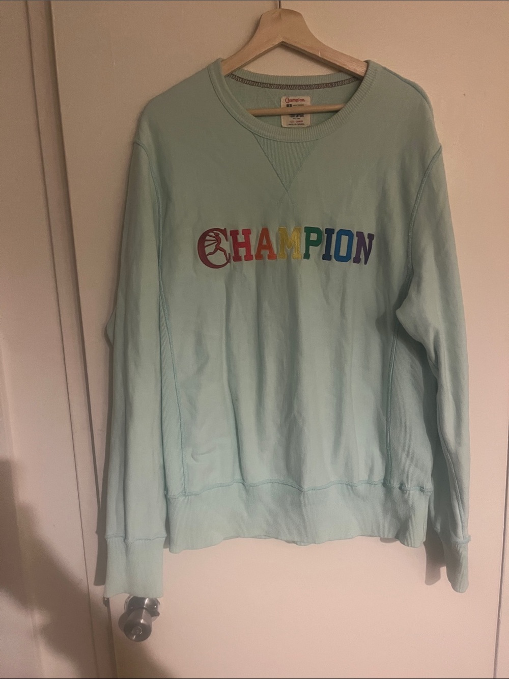 Champion x Todd Snyder Mint Crewneck Sweatshirt with Rainbow Logo